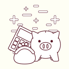 Piggy bank and calculator with purse over white background, vector illustration