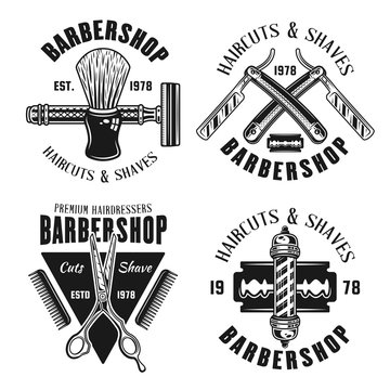 Barbershop set of four emblems in monochrome style vector illustration isolated on white background