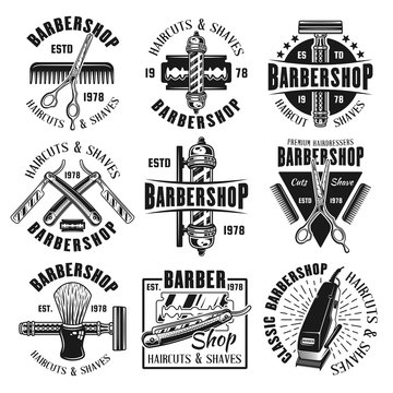 Barbershop or hairdressing salon set of nine vector monochrome emblems isolated on white background