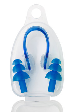 set in box, earplugs for swimming and clamp on nose on white background