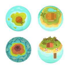 Cartoon tropical exotic island in ocean top view exotic lagoon map caribbean aerial sprite seascape tourism paradise coast vector illustration.