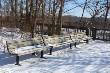 The empty park benches on a snowy winter day.
