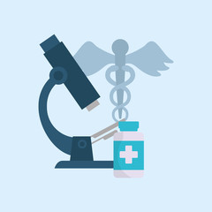 microscope and medicine symbol over blue background, colorful design vector illustration