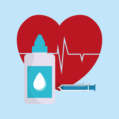 cardio heart and medicine bottle with injection icon over background vector illustration