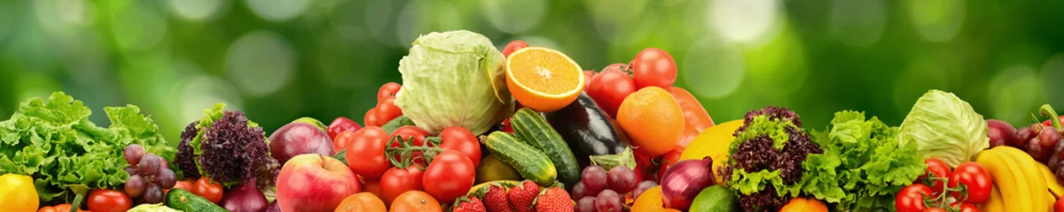 Gordijnen Collage natural vegetables and fruits on dark green background © Serghei V