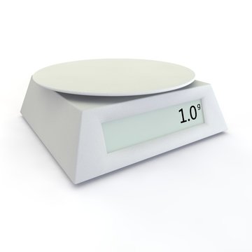 Electronic scales show 1 grams, on a white isolated background. There is a free space for your design