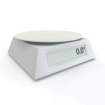 Electronic scales show 0 grams, on a white isolated background. There is a free space for your design