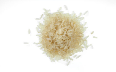 Handful of jasmine rice on white background. One of the varieties of rice.