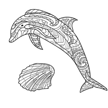Dolphin and seashell illustration for coloring, coloring page
