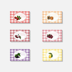 Stickers with hand drawn colored sketch with berries. Vector illustration lemon, cherry,  currant. strawberry, cherry, apricot