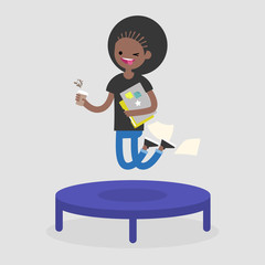 Career promotion. Cheerful employee jumping on the trampoline. Business concept. Modern young adults. Success. Flat editable vector illustration, clip art