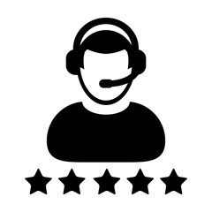 Service Icon Vector Customer Star Ratings for Male Online Support Person Profile Avatar with Headset in Glyph Pictogram illustration.