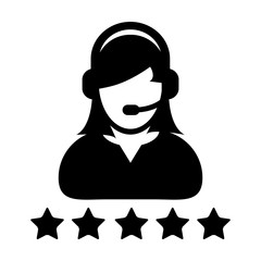 Service Icon Vector Customer Star Ratings for Female Online Support Person Profile Avatar with Headset in Glyph Pictogram illustration.