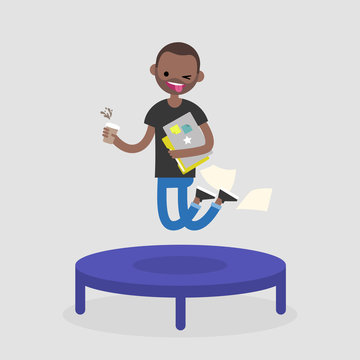 Career promotion. Cheerful black employee jumping on the trampoline. Business concept. Modern young adults. Success. Flat editable vector illustration, clip art