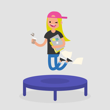Career promotion. Cheerful female employee jumping on the trampoline. Business concept. Modern young adults. Success. Flat editable vector illustration, clip art