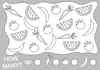 Count how many fruits, berries and vegetables (banana, watermelon, tomato, carrot). Paint objects. Learning numbers, mathematics. Mathematical game for preschool children