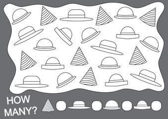 Count how many hats and paint hats. Mathematical game for children.
