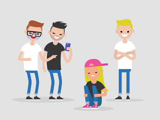 Social intolerance. Sexism. Bullying. A group of young male people mocking a girl. Hate concept. Flat editable vector illustration, clip art