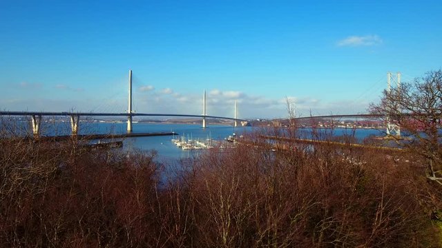 Aerial footage of the Queensferry Crossing road bridge over the Firth of Forth.