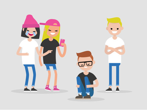 Social intolerance. Mockery. Bullying. A group of young people mocking a nerdy guy. Hate concept. Flat editable vector illustration, clip art