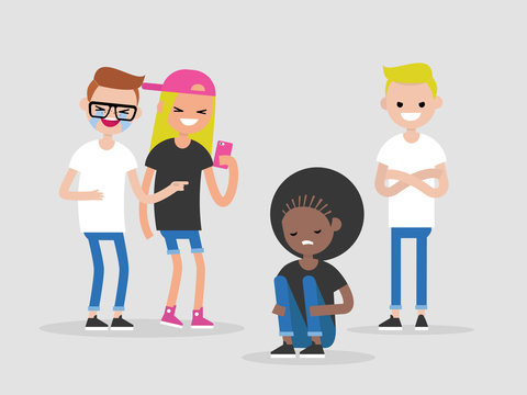 Social intolerance. Racism. Bullying. A group of young people mocking a black girl. Hate concept. Flat editable vector illustration, clip art