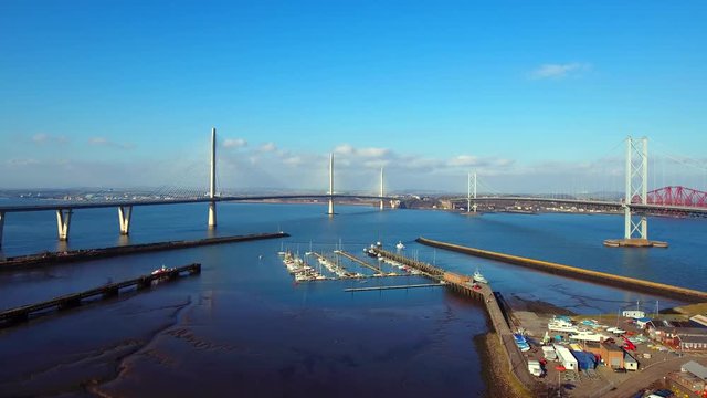 Aerial footage of the Queensferry Crossing road bridge over the Firth of Forth.