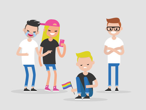 Social intolerance. Homophobia. Bullying. A group of young people mocking a black girl. Hate concept. Flat editable vector illustration, clip art