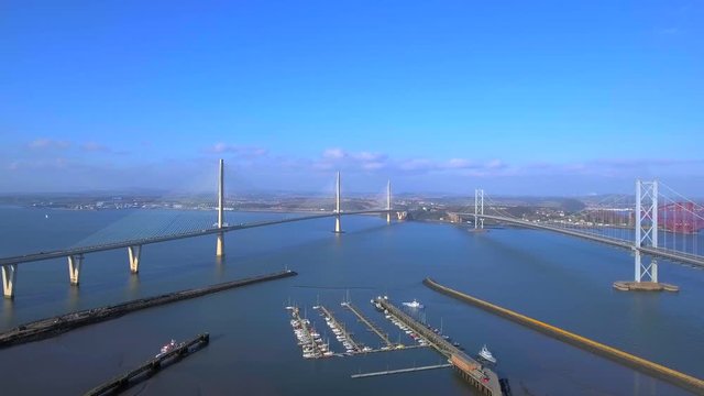 Aerial footage of the Queensferry Crossing road bridge over the Firth of Forth.