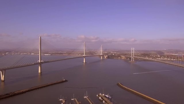 Aerial footage of the Queensferry Crossing road bridge over the Firth of Forth.