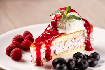 Slice of cake with ice cream