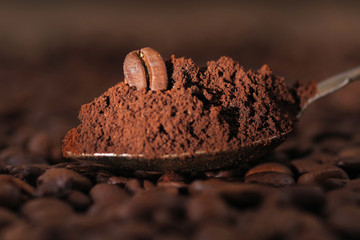 Coffee beans pile on the background of ground coffee