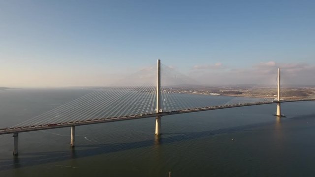Aerial footage of the Queensferry Crossing road bridge over the Firth of Forth.