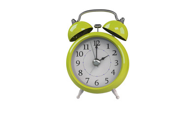3d rendering of grey gray white Alarm clock isolated on white. It shows exact time and has two bells. metal legs. hour minute alarm hands