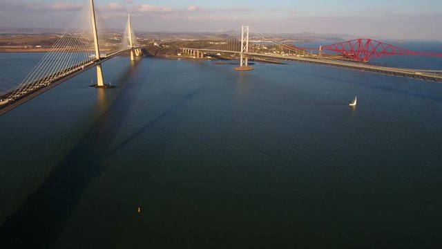 Aerial footage of the Queensferry Crossing road bridge over the Firth of Forth.