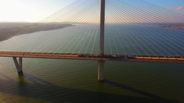 Aerial footage of the Queensferry Crossing road bridge over the Firth of Forth.