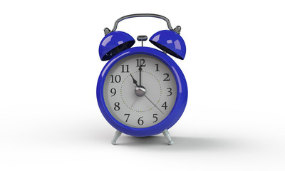 3d rendering of grey gray white Alarm clock isolated on white. It shows exact time and has two bells. metal legs. hour minute alarm hands
