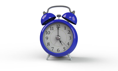 3d rendering of grey gray white Alarm clock isolated on white. It shows exact time and has two bells. metal legs. hour minute alarm hands