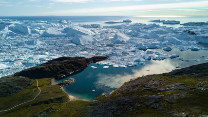 Ilulissat fjord. Drone view to many icebergs.