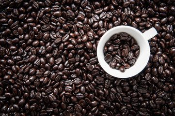 White coffee mug on coffee bean.