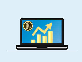 Bitcoin. Laptop with growth diagram on screen. Cryptocurrency and digitally concept. Bitcoin growing value concept. Isolated vector illustration