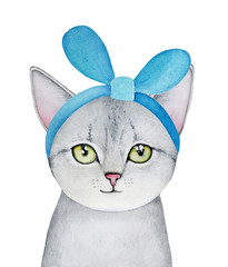 Grey kitten portrait with green eyes and turquoise colour cloth headband, looking at camera. Hand drawn water color graphic picture on white backgroung, cutout. Beautiful, cozy, colorful, small one.