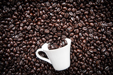 White coffee mug on coffee bean.