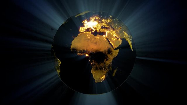 De nuit, les villes de la Terre illuminent l'espace. Vid&eacute;o en boucle de la plan&egrave;te qui tourne. Rendu 3D.