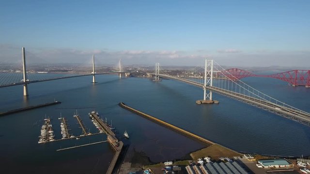 Aerial footage of the Queensferry Crossing road bridge over the Firth of Forth.