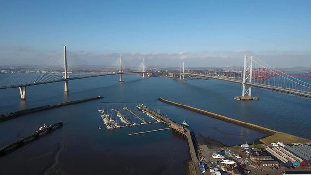 Aerial footage of the Queensferry Crossing road bridge over the Firth of Forth.