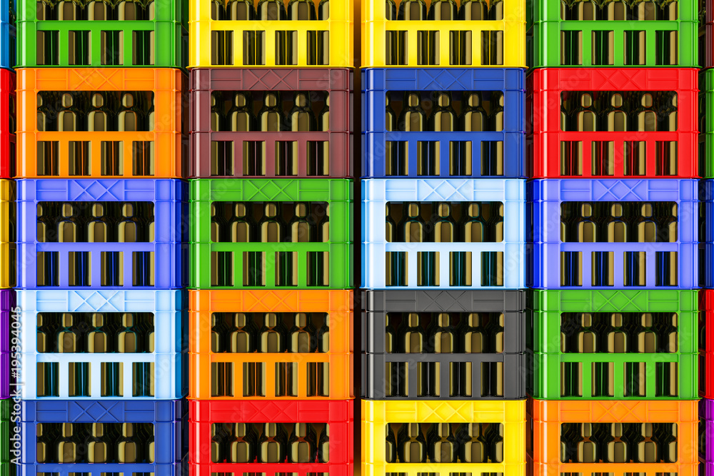 Aufkleber background from colored plastic crates full of beer bottles, 3d rendering