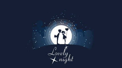 A couple of girls and guys kissing on the hill in front of a big bright moon and stars.
