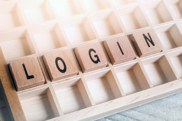 Closeup Of The Word Login Formed By Wooden Blocks In A Typecase