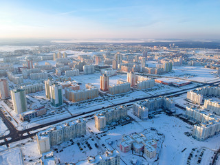 Flying over Minsk, Belarus. Winter city