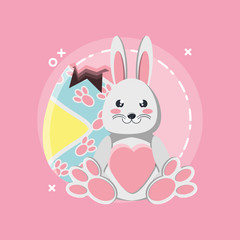 Cute bunny with colorful broken easter egg over pink background, colorful design vector illustration